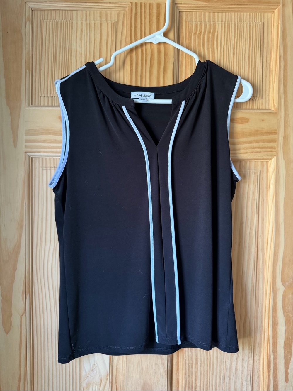 Calvin Klein Black Sleeveless V-Neck Top with White Piping